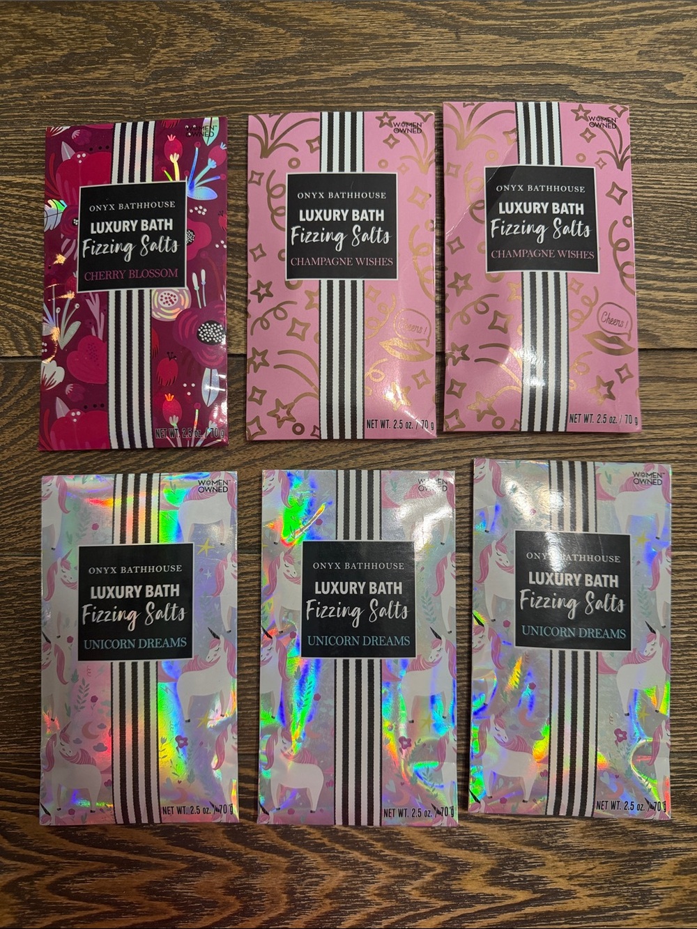 (6) Luxury Bath Fizzing Salts Unicorn Dreams Cherry Blossom Champagne Wishes
